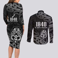 New Zealand 1840 Waitangi Day Couples Matching Long Sleeve Bodycon Dress and Long Sleeve Button Shirt Aotearoa Haka Mask - Black Version LT14 - Polynesian Pride