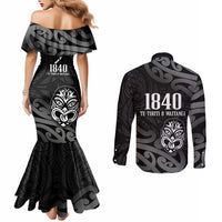 New Zealand 1840 Waitangi Day Couples Matching Mermaid Dress and Long Sleeve Button Shirt Aotearoa Haka Mask - Black Version LT14 - Polynesian Pride