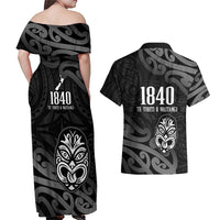 New Zealand 1840 Waitangi Day Couples Matching Off Shoulder Maxi Dress and Hawaiian Shirt Aotearoa Haka Mask - Black Version LT14 - Polynesian Pride