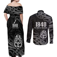 New Zealand 1840 Waitangi Day Couples Matching Off Shoulder Maxi Dress and Long Sleeve Button Shirt Aotearoa Haka Mask - Black Version LT14 - Polynesian Pride