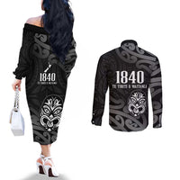 New Zealand 1840 Waitangi Day Couples Matching Off The Shoulder Long Sleeve Dress and Long Sleeve Button Shirt Aotearoa Haka Mask - Black Version LT14 - Polynesian Pride