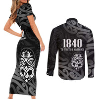 New Zealand 1840 Waitangi Day Couples Matching Short Sleeve Bodycon Dress and Long Sleeve Button Shirt Aotearoa Haka Mask - Black Version LT14 - Polynesian Pride