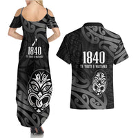 New Zealand 1840 Waitangi Day Couples Matching Summer Maxi Dress and Hawaiian Shirt Aotearoa Haka Mask - Black Version LT14 - Polynesian Pride