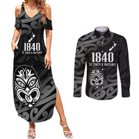 New Zealand 1840 Waitangi Day Couples Matching Summer Maxi Dress and Long Sleeve Button Shirt Aotearoa Haka Mask - Black Version LT14 Black - Polynesian Pride