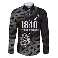 New Zealand 1840 Waitangi Day Family Matching Mermaid Dress and Hawaiian Shirt Aotearoa Haka Mask - Black Version LT14 Dad's Shirt - Long Sleeve Black - Polynesian Pride