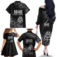 New Zealand 1840 Waitangi Day Family Matching Off The Shoulder Long Sleeve Dress and Hawaiian Shirt Aotearoa Haka Mask - Black Version LT14 - Polynesian Pride