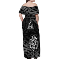 New Zealand 1840 Waitangi Day Family Matching Off Shoulder Maxi Dress and Hawaiian Shirt Aotearoa Haka Mask - Black Version LT14 - Polynesian Pride