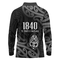 New Zealand 1840 Waitangi Day Long Sleeve Polo Shirt Aotearoa Haka Mask - Black Version LT14 - Polynesian Pride