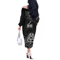 New Zealand 1840 Waitangi Day Off The Shoulder Long Sleeve Dress Aotearoa Haka Mask - Black Version LT14 - Polynesian Pride