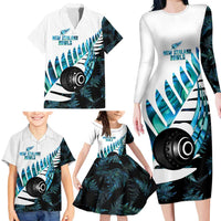 New Zealand Lawn Bowls Custom Family Matching Long Sleeve Bodycon Dress and Hawaiian Shirt Aotearoa Silver Fern Paua Shell LT14 - Polynesian Pride