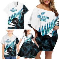 New Zealand Lawn Bowls Custom Family Matching Off Shoulder Short Dress and Hawaiian Shirt Aotearoa Silver Fern Paua Shell LT14 - Polynesian Pride