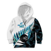 New Zealand Lawn Bowls Custom Kid Hoodie Aotearoa Silver Fern Paua Shell LT14 Zip Hoodie Black - Polynesian Pride
