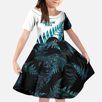 New Zealand Lawn Bowls Custom Kid Short Sleeve Dress Aotearoa Silver Fern Paua Shell LT14 KID Black - Polynesian Pride