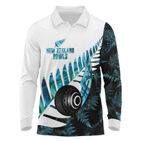 New Zealand Lawn Bowls Custom Long Sleeve Polo Shirt Aotearoa Silver Fern Paua Shell LT14 Black - Polynesian Pride