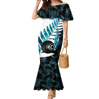 New Zealand Lawn Bowls Custom Mermaid Dress Aotearoa Silver Fern Paua Shell LT14 Women Black - Polynesian Pride