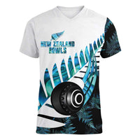 New Zealand Lawn Bowls Custom Women V-Neck T-Shirt Aotearoa Silver Fern Paua Shell LT14 Female Black - Polynesian Pride