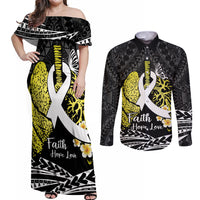 Personalised Polynesia World Lung Cancer Day Couples Matching Off Shoulder Maxi Dress and Long Sleeve Button Shirt Faith Hope Love LT14 Black - Polynesian Pride