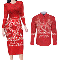 Personalised In September We Wear Red Couples Matching Long Sleeve Bodycon Dress and Long Sleeve Button Shirt Polynesia Blood Cancer Awareness LT14 Red - Polynesian Pride