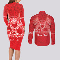 Personalised In September We Wear Red Couples Matching Long Sleeve Bodycon Dress and Long Sleeve Button Shirt Polynesia Blood Cancer Awareness LT14 - Polynesian Pride
