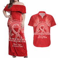 Personalised In September We Wear Red Couples Matching Off Shoulder Maxi Dress and Hawaiian Shirt Polynesia Blood Cancer Awareness LT14 Red - Polynesian Pride