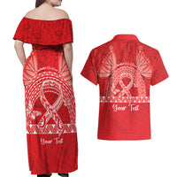 Personalised In September We Wear Red Couples Matching Off Shoulder Maxi Dress and Hawaiian Shirt Polynesia Blood Cancer Awareness LT14 - Polynesian Pride