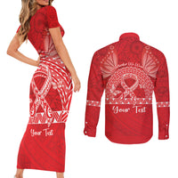 Personalised In September We Wear Red Couples Matching Short Sleeve Bodycon Dress and Long Sleeve Button Shirt Polynesia Blood Cancer Awareness LT14 - Polynesian Pride