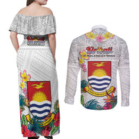 Kiribati Independence Day Couples Matching Off Shoulder Maxi Dress and Long Sleeve Button Shirt Frigatebird Mix Tropical Flowers - White Style LT14 - Polynesian Pride