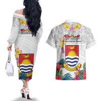 Kiribati Independence Day Couples Matching Off The Shoulder Long Sleeve Dress and Hawaiian Shirt Frigatebird Mix Tropical Flowers - White Style LT14 - Polynesian Pride