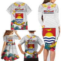 Kiribati Independence Day Family Matching Long Sleeve Bodycon Dress and Hawaiian Shirt Frigatebird Mix Tropical Flowers - White Style LT14 - Polynesian Pride