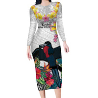 Kiribati Independence Day Family Matching Long Sleeve Bodycon Dress and Hawaiian Shirt Frigatebird Mix Tropical Flowers - White Style LT14 Mom's Dress White - Polynesian Pride