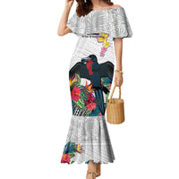 Kiribati Independence Day Family Matching Mermaid Dress and Hawaiian Shirt Frigatebird Mix Tropical Flowers - White Style LT14 Mom's Dress White - Polynesian Pride