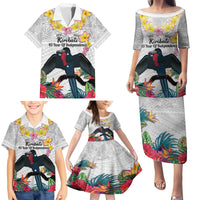 Kiribati Independence Day Family Matching Puletasi and Hawaiian Shirt Frigatebird Mix Tropical Flowers - White Style LT14 - Polynesian Pride