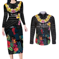 Kiribati Independence Day Couples Matching Long Sleeve Bodycon Dress and Long Sleeve Button Shirt Frigatebird Mix Tropical Flowers - Black Style LT14 Black - Polynesian Pride
