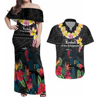 Kiribati Independence Day Couples Matching Off Shoulder Maxi Dress and Hawaiian Shirt Frigatebird Mix Tropical Flowers - Black Style LT14 Black - Polynesian Pride
