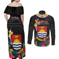 Kiribati Independence Day Couples Matching Off Shoulder Maxi Dress and Long Sleeve Button Shirt Frigatebird Mix Tropical Flowers - Black Style LT14 - Polynesian Pride