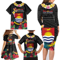 Kiribati Independence Day Family Matching Long Sleeve Bodycon Dress and Hawaiian Shirt Frigatebird Mix Tropical Flowers - Black Style LT14 - Polynesian Pride