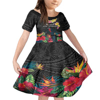 Kiribati Independence Day Family Matching Mermaid Dress and Hawaiian Shirt Frigatebird Mix Tropical Flowers - Black Style LT14 Daughter's Dress Black - Polynesian Pride