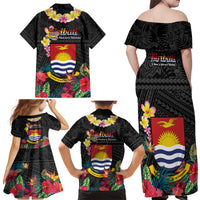 Kiribati Independence Day Family Matching Off Shoulder Maxi Dress and Hawaiian Shirt Frigatebird Mix Tropical Flowers - Black Style LT14 - Polynesian Pride