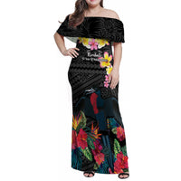 Kiribati Independence Day Family Matching Off Shoulder Maxi Dress and Hawaiian Shirt Frigatebird Mix Tropical Flowers - Black Style LT14 Mom's Dress Black - Polynesian Pride
