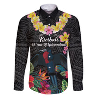 Kiribati Independence Day Family Matching Off Shoulder Short Dress and Hawaiian Shirt Frigatebird Mix Tropical Flowers - Black Style LT14 Dad's Shirt - Long Sleeve Black - Polynesian Pride