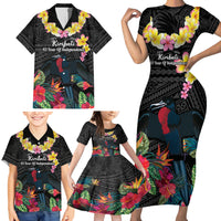 Kiribati Independence Day Family Matching Short Sleeve Bodycon Dress and Hawaiian Shirt Frigatebird Mix Tropical Flowers - Black Style LT14 - Polynesian Pride