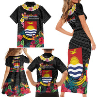 Kiribati Independence Day Family Matching Short Sleeve Bodycon Dress and Hawaiian Shirt Frigatebird Mix Tropical Flowers - Black Style LT14 - Polynesian Pride