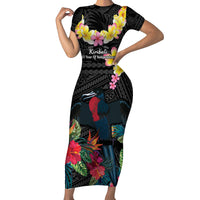 Kiribati Independence Day Family Matching Short Sleeve Bodycon Dress and Hawaiian Shirt Frigatebird Mix Tropical Flowers - Black Style LT14 Mom's Dress Black - Polynesian Pride