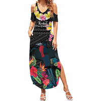 Kiribati Independence Day Family Matching Summer Maxi Dress and Hawaiian Shirt Frigatebird Mix Tropical Flowers - Black Style LT14 Mom's Dress Black - Polynesian Pride