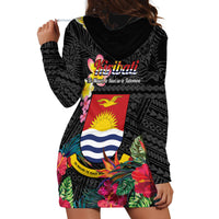 Kiribati Independence Day Hoodie Dress Frigatebird Mix Tropical Flowers - Black Style LT14 - Polynesian Pride