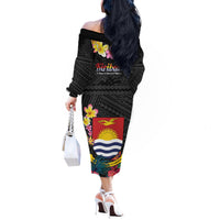Kiribati Independence Day Off The Shoulder Long Sleeve Dress Frigatebird Mix Tropical Flowers - Black Style LT14 - Polynesian Pride