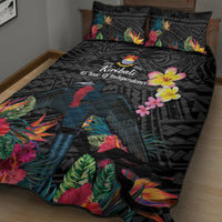 Kiribati Independence Day Quilt Bed Set Frigatebird Mix Tropical Flowers - Black Style