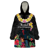 Kiribati Independence Day Wearable Blanket Hoodie Frigatebird Mix Tropical Flowers - Black Style LT14 One Size Black - Polynesian Pride