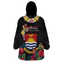 Kiribati Independence Day Wearable Blanket Hoodie Frigatebird Mix Tropical Flowers - Black Style LT14 - Polynesian Pride