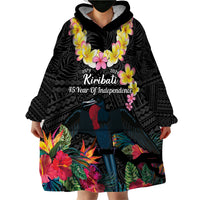Kiribati Independence Day Wearable Blanket Hoodie Frigatebird Mix Tropical Flowers - Black Style LT14 - Polynesian Pride